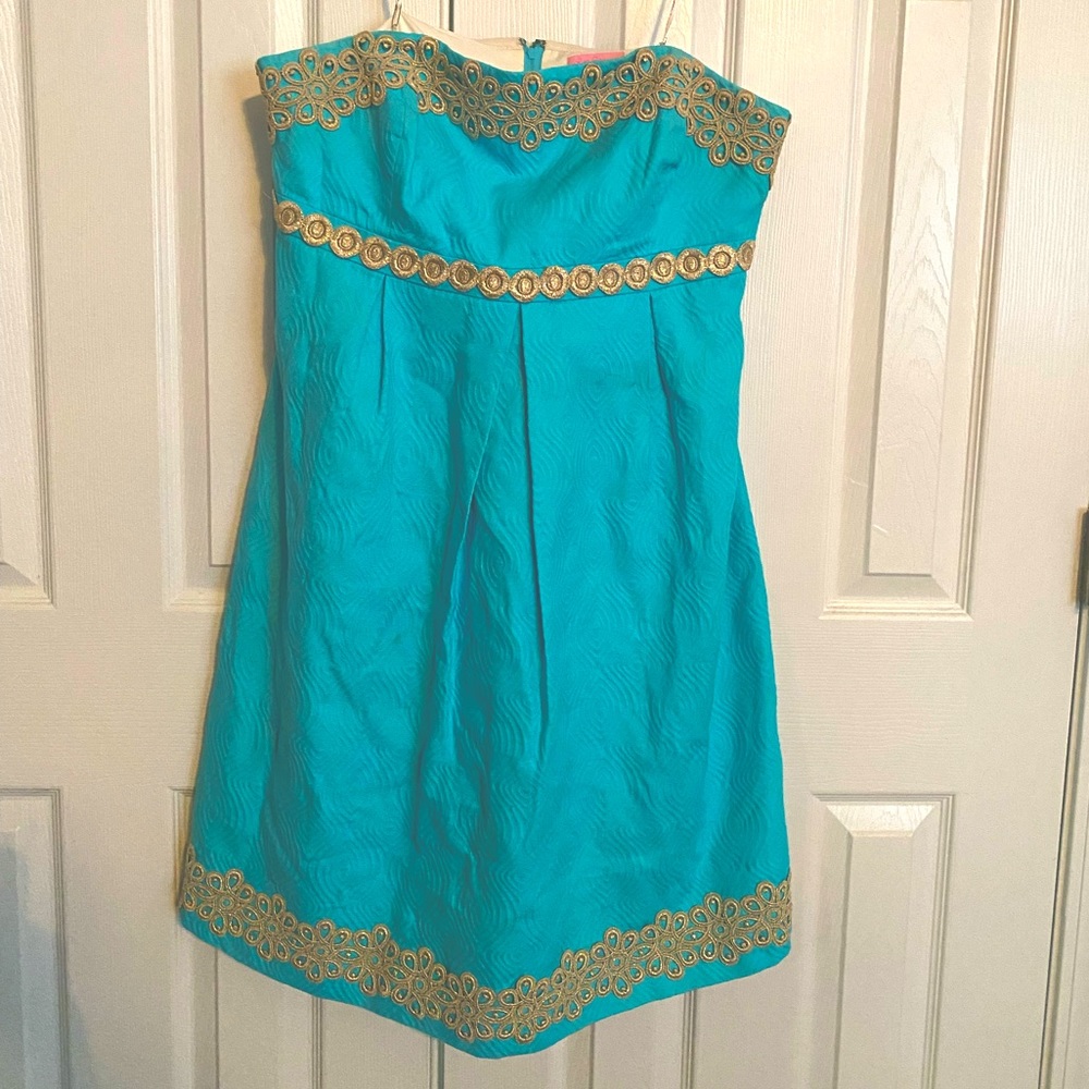 Lilly Pulitzer strapless gold trim dress